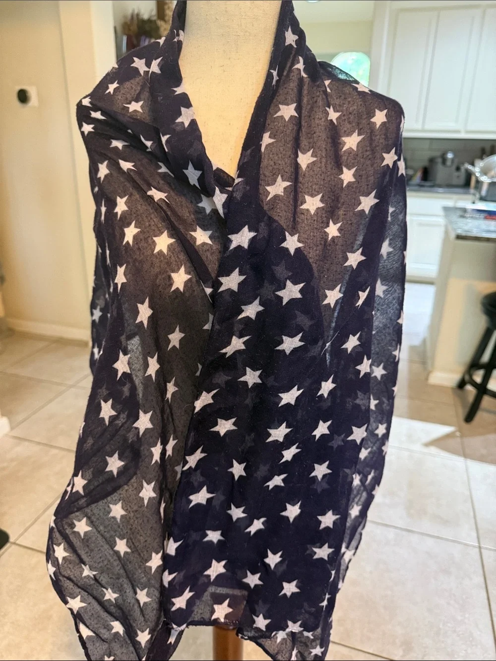 Navy Star Print Sheer Scarf - White Stars